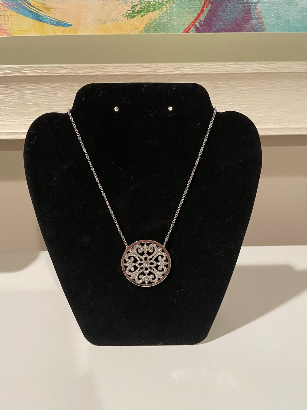 Round Decorative Silver-Tone Filigree Pendant Necklace - Women's Jewelry